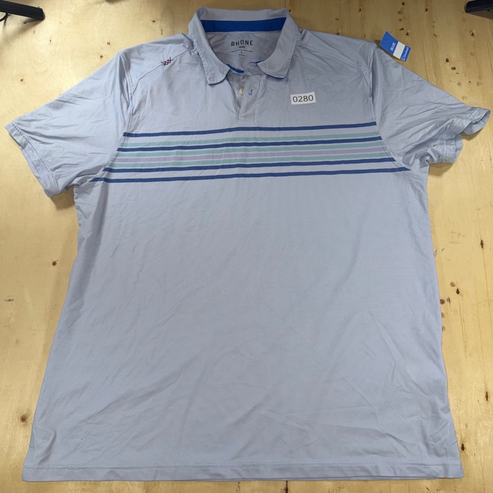 Rhone Mens L Performance Golf Polo Shirt Blue Striped Short Sleeve Stretch